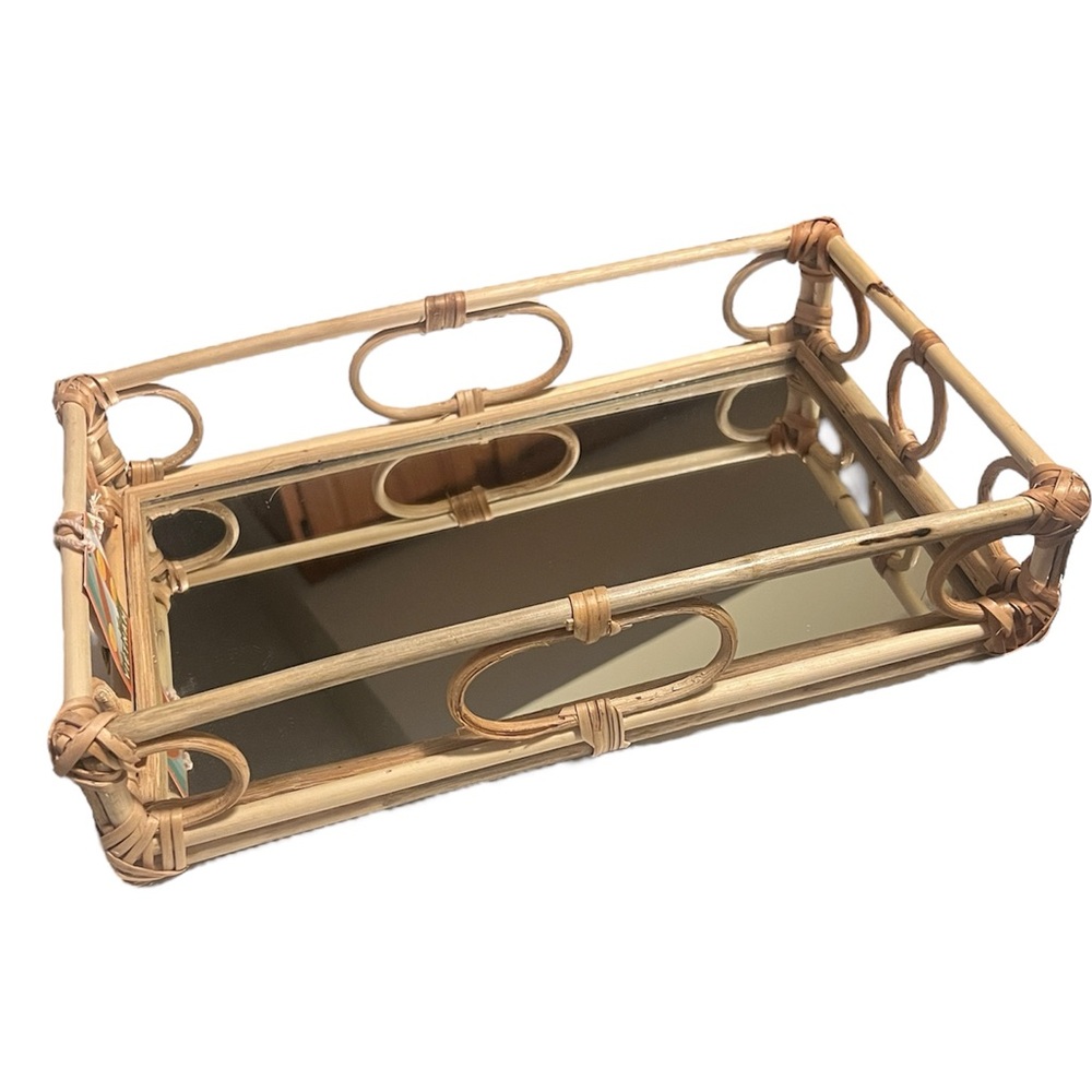 Rattan Mirror Vanity Display Tray Handmade Bohemian Natural